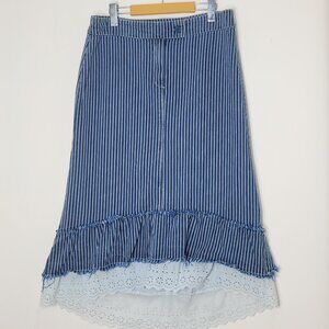 2/$40 Imitz Blue & White 100% Cotton Jean Zip Front Ruffled Eyelet Hem Size 40